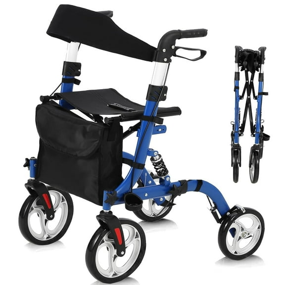 Pinypikaka Walker for Seniors, Rollator Walker with Seat, Shock Absorber, 12" Rubber Wheels All Terrain Rollator Walker, Aluminum Walkers with Backrest Outdoor Foldable Adjustable Height for Seniors