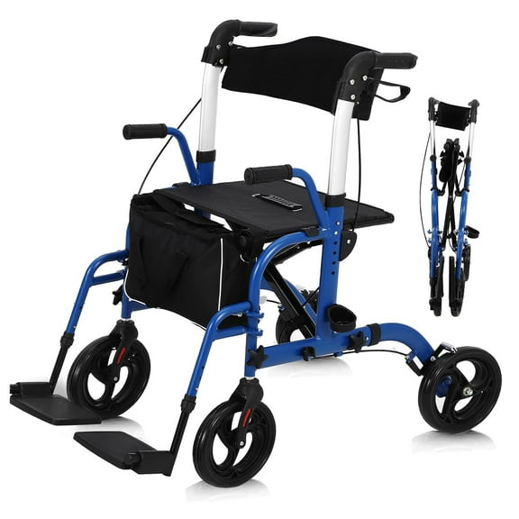 Pinypikaka Walker Wheelchair Combo, Foldable Aluminum Rollator w/ Footrests, Transport Wheelchair & Rollator Walker Combo Lightweight, Adult Walkers All Terrain w/ Brake Seat Back Support for Seniors