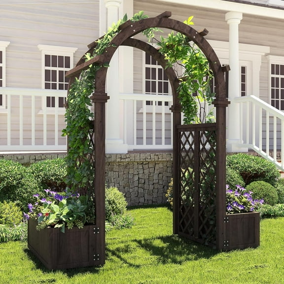 Pinypikaka Wood Garden Arbor with Planter Boxes and Swing Outdoor Arch Trellis with Pergola for Climbing Plants Vines Grapes Backyard Wedding Party Decor