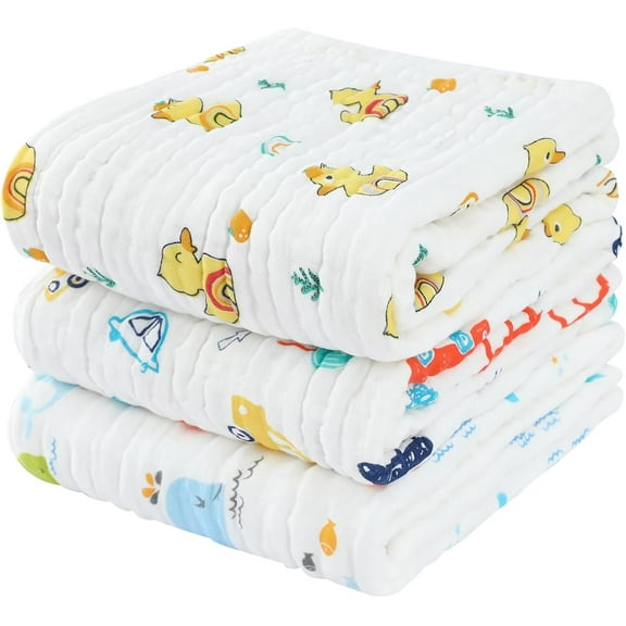 Pio Dino Baby Muslin Bath Towel (Kit w/ 3 units) 41.33" x 39.37'' White/Colorful