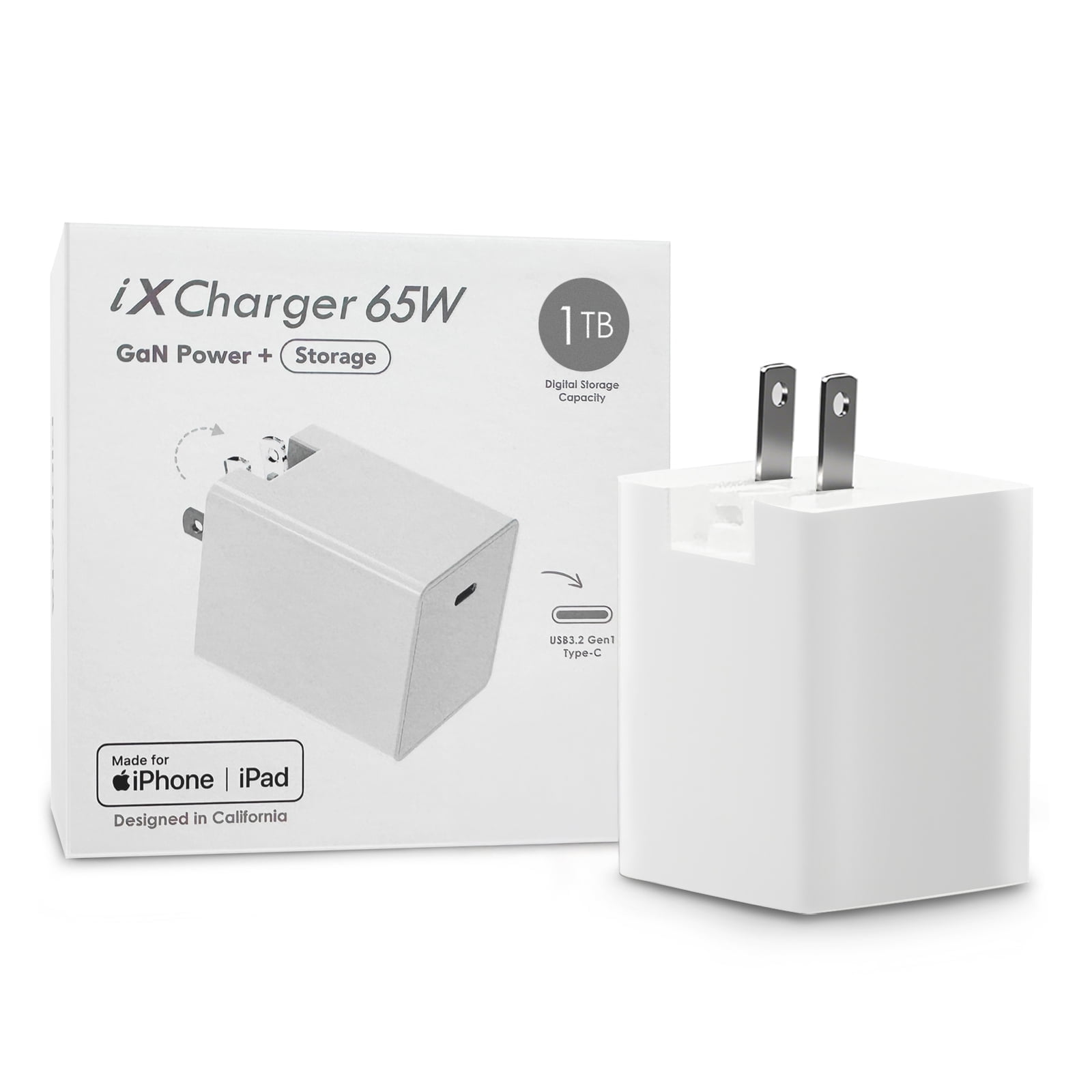 Piodata iXCharger 65W USB-C Fast Charger with 1TB Storage, Apple MFi Certified Flash Drive for iPhone, iPad, Android, MacBook, Laptop – Backup & Power Adapter in One