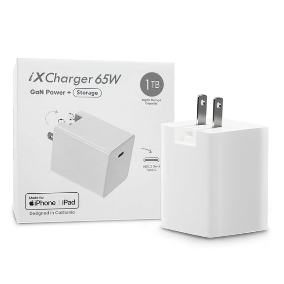 Piodata iXCharger 65W USB-C Fast Charger with 1TB Storage, Apple MFi Certified Flash Drive for iPhone, iPad, Android, MacBook, Laptop – Backup & Power Adapter in One