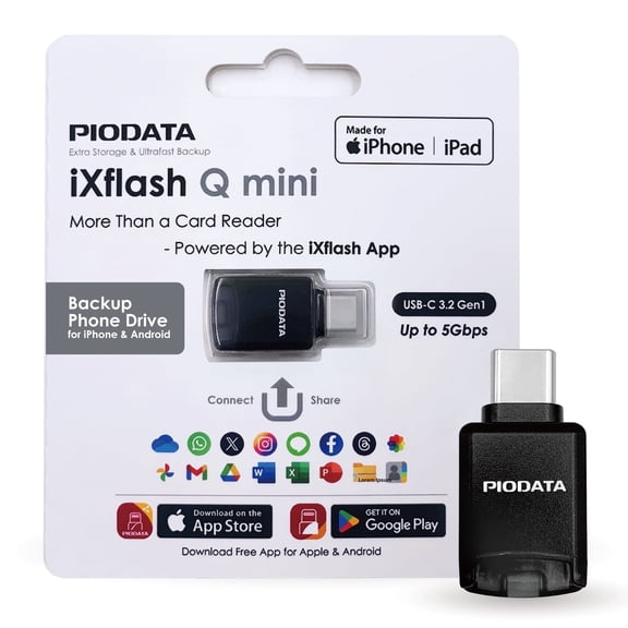 Piodata micro SD Card Reader, MicroSD USB-C Flash Drive for iPhone, iPad & Android, iXflash Q Mini Phone Memory, Auto Photo & Video Backup, MFi Certified, Black