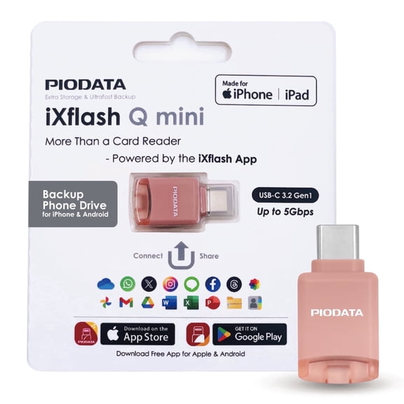 Piodata Micro SD Card Reader and USB-C Drive for iPhone and Android, Pink iXflash Q Mini Phone Memory, Portable Flash Storage with Auto Backup, MicroSD Slot, and Free App