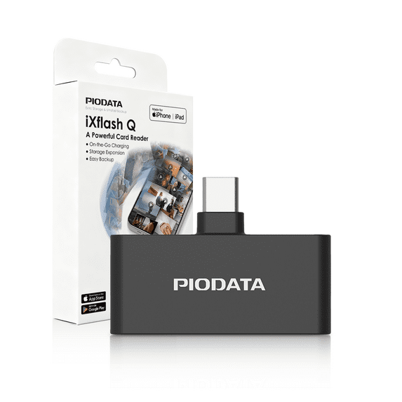 Piodata iXflash Q Phone Drive Card Reader with APP, MicroSD USB-C Adapter for iPhone, iPad & Android, MFi Certified Auto Backup, Portable Flash Storage, Black