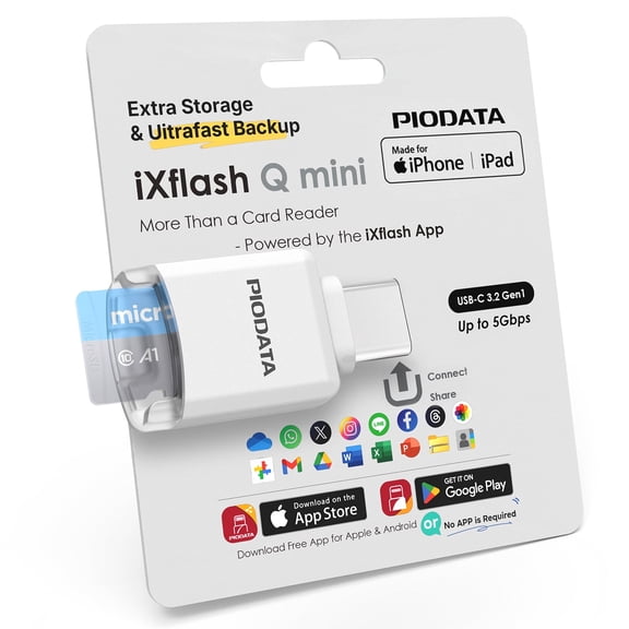 Piodata micro SD Card Reader, MicroSD USB-C Flash Drive for iPhone, iPad & Android, iXflash Q Mini Phone Memory, Auto Photo & Video Backup, MFi Certified, White