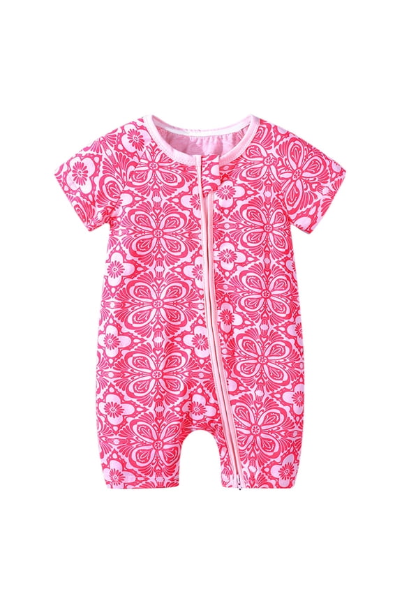 Boy's Bodysuits Summer Short Sleeve Print Double Zipper Crawl Suit Rompers