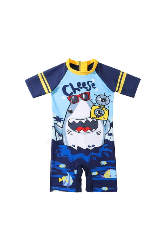 Boy's Swimsuits One Piece Cartoon Animals Floral Zipper Rash Guard Short Sleeve Bathing Suit