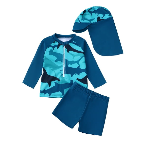 Piomll Boys Swimsuits Long Sleeve Rash Guard Shirt With Print Trunks Hat Toddler Summer Kids Swimwear