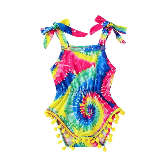 Piomll Girl's Bodysuits Rainbow Tassels Tie Dyed Print Playsuits