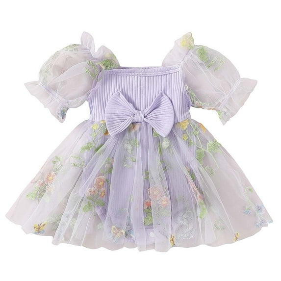 Piomll Girls Bodysuits Fairy Floral Embroidery Mesh Patchwork Party Jumpsuits