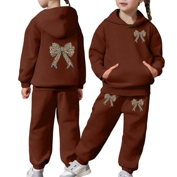 Piomll Girls Matching Sets Casual Tracksuit With Bow Print Design Hoodie Joggers Kids Clothes