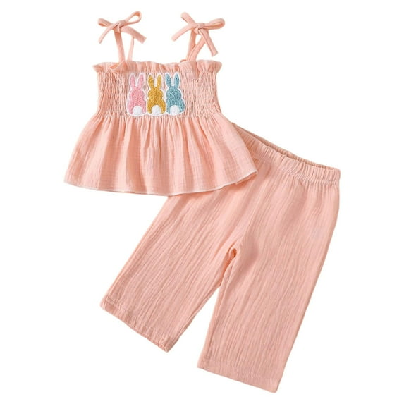 Piomll Girls Matching Sets Easter Bunny 2 Pcs Towel Embroidery Sleeveless Spring Summer Athletic Clothes
