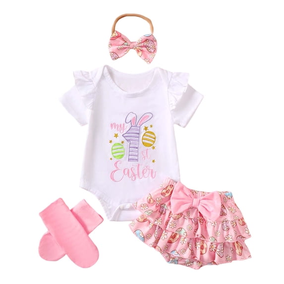 Piomll Girls Matching Sets Easter Embroidered Romper Floral Dress Bow Socks 4 Piece Summer Kids Outfits