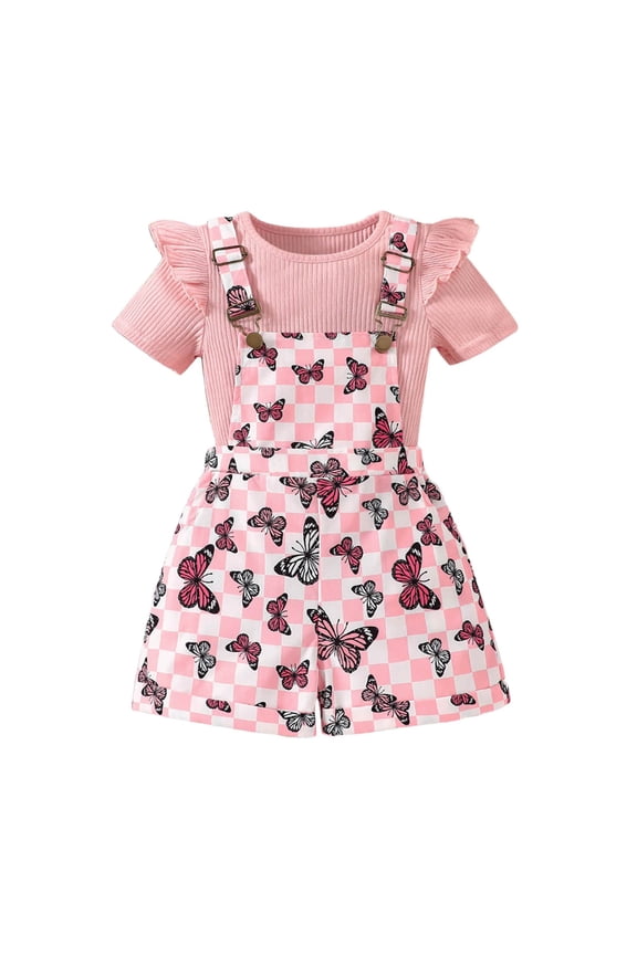 Girls Matching Sets Toddler Buterfly Print Knit Top Overalls Casual Spring Summer Kids Outfits