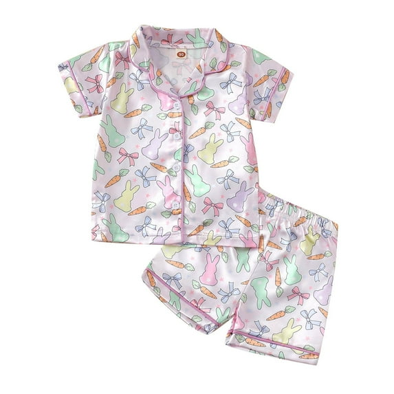 Piomll Girls Outfit Sets Summer Pajama Short Sleeve Shorts Home With Bunny Carrot Print Athletic Clothes