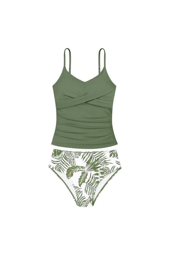 Girls Swimsuits 2 Piece Ruched Tankini Floral Print Bathing Suit