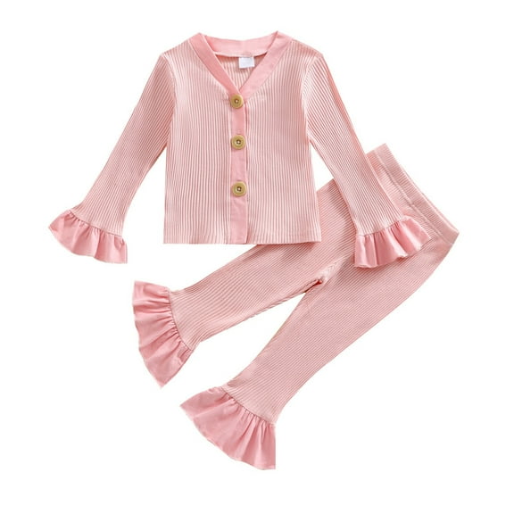 Piomll Matching Sets For Girls Infant Long Sleeve Solid Ribbed Tops Flare Pants Athletic Clothes