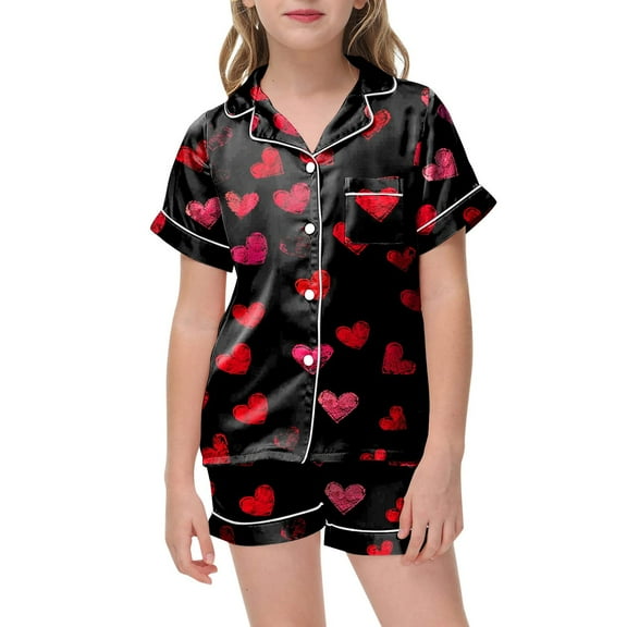 Piomll Matching Sets For Girls Valentine's Day 2 Pcs Pajamas Short Sleeve Button Shirt Shorts Pajama Kids Outfits