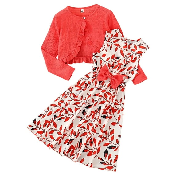 Piomll Matching Sets for Girls Floral Print Bow Dress With Ruffled Sleeve Short Jacket 2 Pcs Kids Clothing