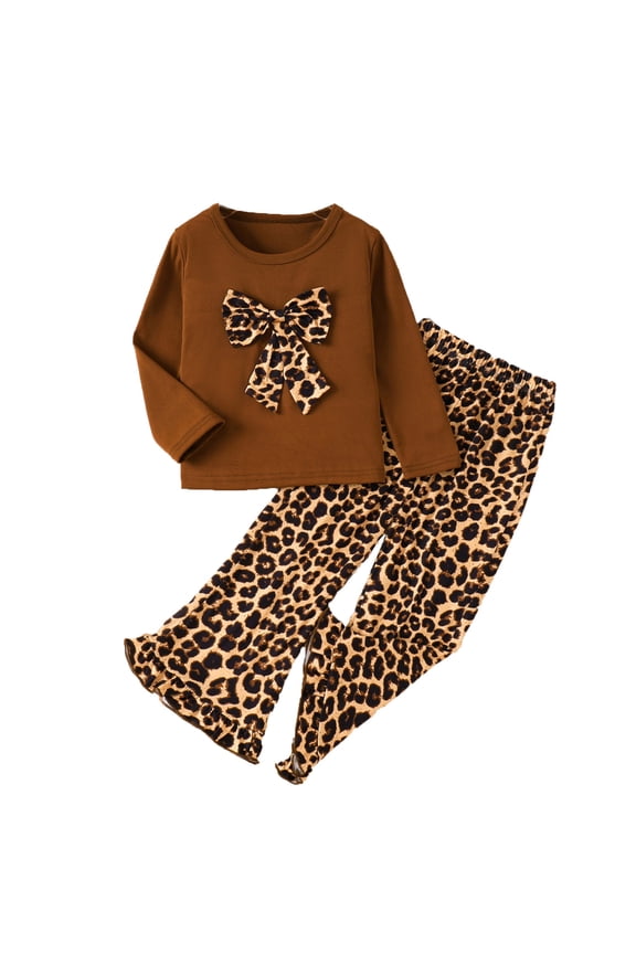 Matching Sets for Girls Long Sleeve Top Flared Pants Casual Leopard Print Bow 2 Pcs Kids Clothing