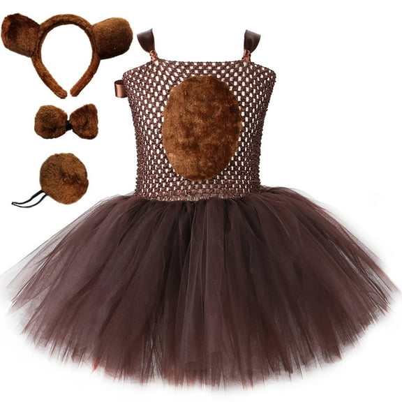 Piomll Matching Sets for Girls Net Skirt Puff Dress Brown Bear With Head Accessory Kids Clothes
