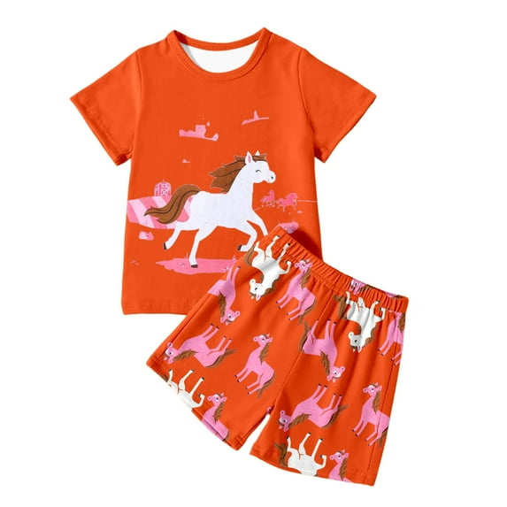 Piomll Matching Sets for Girls Summer Casual Cartoon Horse Print Short Sleeve Shorts Toddler Kids Clothing