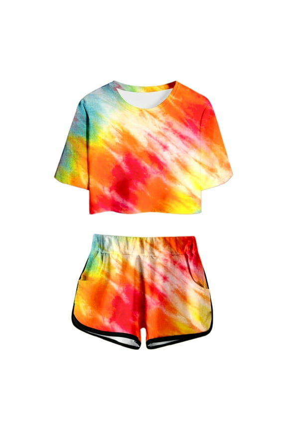Outfit Sets For Girls Print Short Sleeve Shorts Pocket Teens Juniors Lightweight Athletic Clothes