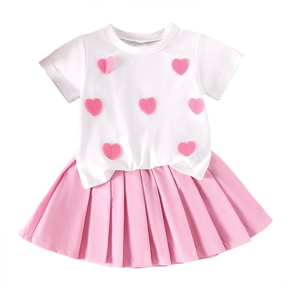 Piomll Outfit Sets For Girlss Valentine's Day Short Sleeve Heart T Shirt Solid Color Pleated Skirt Kids Outfits