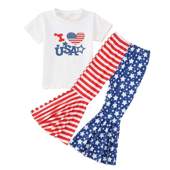 Piomll Outfits For Girls Sets 4Th Of July Summer Short Sleeve Top With Flare Pants Toddler Kids Outfits