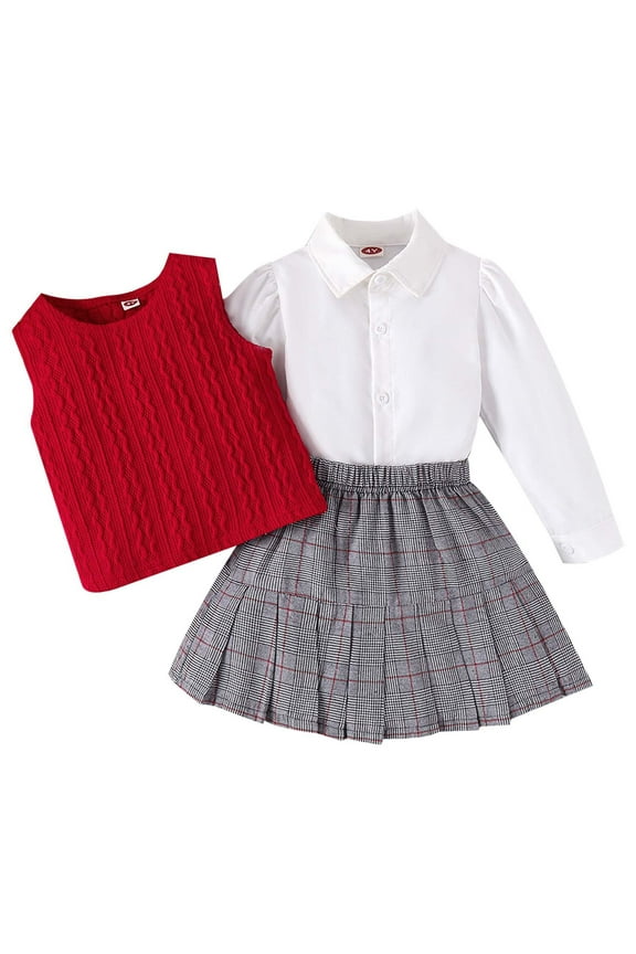 Outfits For Girls Sets Cute Preppy Sweater Vest Sleeveless V Neck Knit School 2Pcs Skirt Kids Outfits