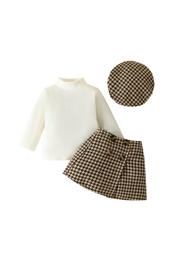 Outfits For Girls Sets Fall Ribbed Long Sleeve Tops Houndstooth Print Skirts Beret Athletic Clothes