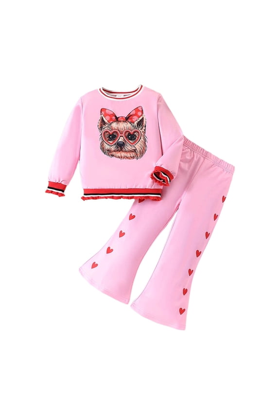 Outfits For Girls Sets Valentine's Day Casual Cartoon Puppy Print Hoodie Side Heart Pants Kids Clothes