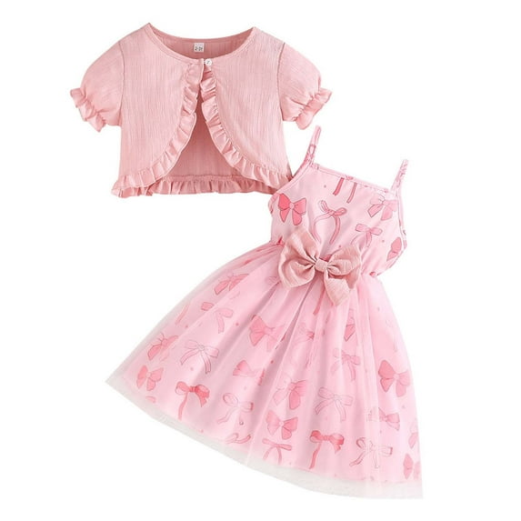 Piomll Outfits for Girls Sets 2 Pcs Bow Tie Sleeveless Dress With Cardigan Casual Dresses Cute Kids Outfits