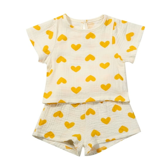 Piomll Outfits for Girls Sets Linen Short Sleeve Heart Pattern Elastic Shorts 2Pcs Summer Athletic Clothes