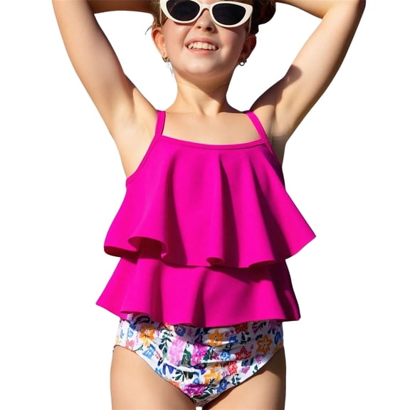 Piomll Swim Suits for Girls 2 Pcs Bikini With Ruffle Trim Floral Print Tankini Teen Youth Swimming Suit