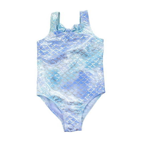 Piomll Swim Suits for Girls One Piece Fish Scale Print Backless Bow Kids Swimwear
