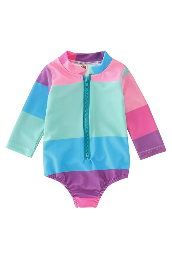 Swim Suits for Girls Summer Long Sleeve Rainbow Striped Prints One Piece Onesie Bikini Bathing Suit