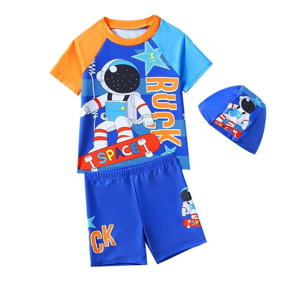 Piomll Swimsuit for Boys 2 Pcs Astronaut Cartoon Quick Dry With Upf 50 Sun Protction Kids Swimwear