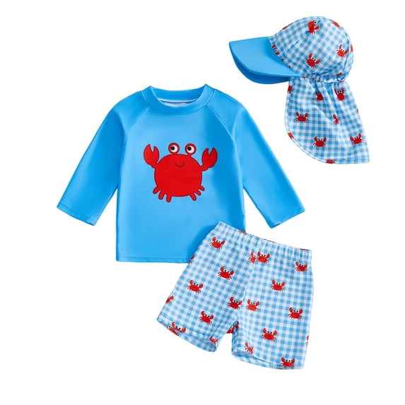 Piomll Swimsuit for Boys 3 Pcs Rash Guard Shirt Trunks Hat Cartoon Print Bathing Suit