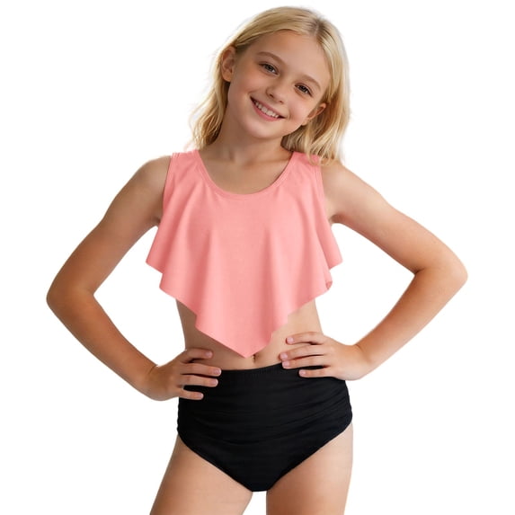 Piomll Swimsuit for Girls 2 Pcs Solid Color Tankini Bikini Youth Summer Pool Kids Swimwear