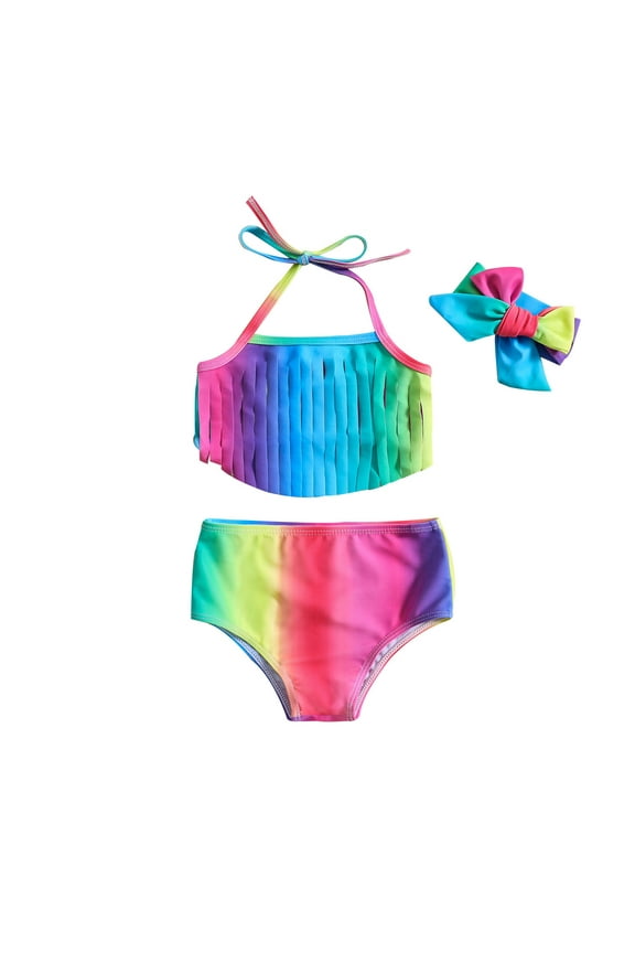 Swimsuit for Girls Bowknot Rainbow Print Halter Straps 2 Pcs Bikini With Headbands Kids Beachwear