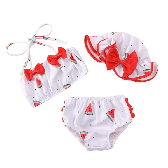 Piomll Swimsuit for Girls Cartoon Fruit Print Ruffles 2 Pcs Bikini Hat Kids Swimwear