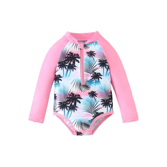 Piomll Swimsuit for Girls Long Sleeve Tropical Print Rash Guard Sun Kids Swimwear