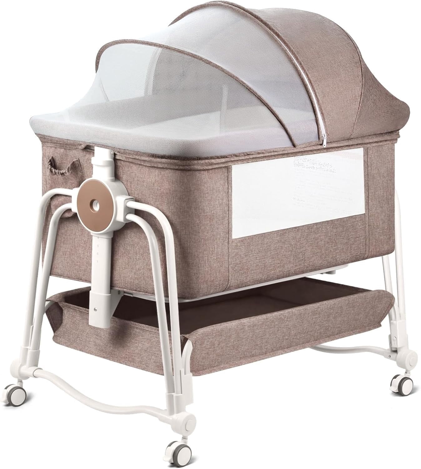 PRVAETU 4-in-1 Baby Bassinet & Bedside Sleeper for Babies, 7-Level Height Adjustable, Wheels with Storage Basket, Breathable Mesh,Khaki