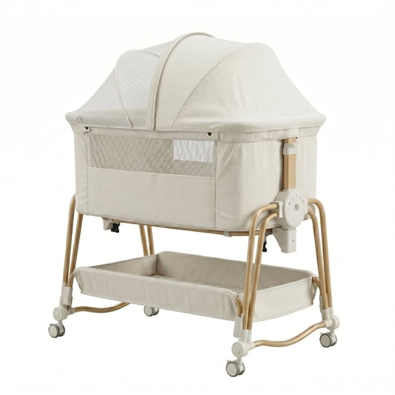 4-in-1 Baby Bassinet & Bedside Sleeper for Babies, 7-Level Height Adjustable, Wheels with Storage Basket, Breathable Mesh,White
