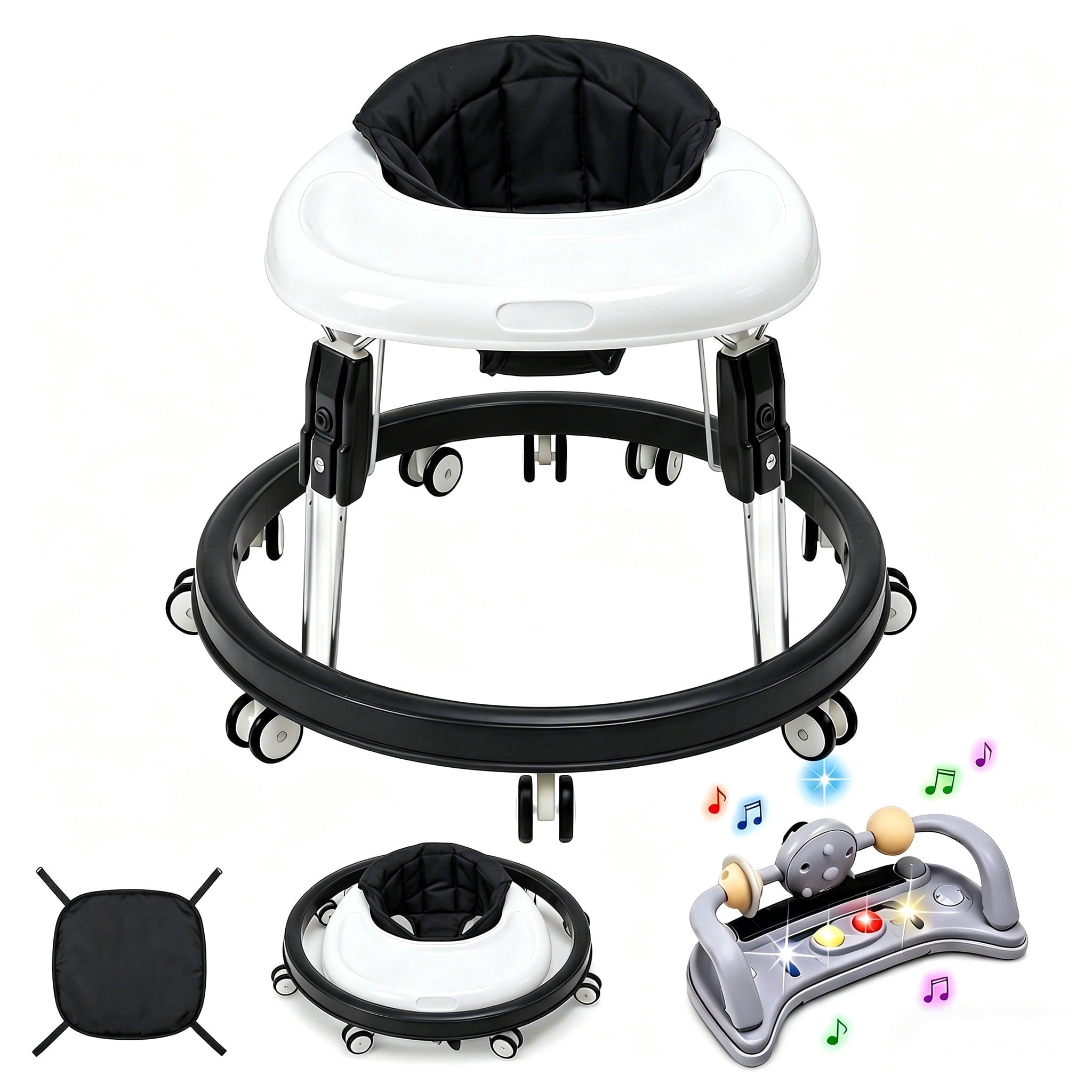 PRVAETU Foldable Baby Walker Activity Center W/ Music Toy,Wheels,Height Adjustable & Foot Pad for 6-18 Months Babies Infant Boys Girls,Black