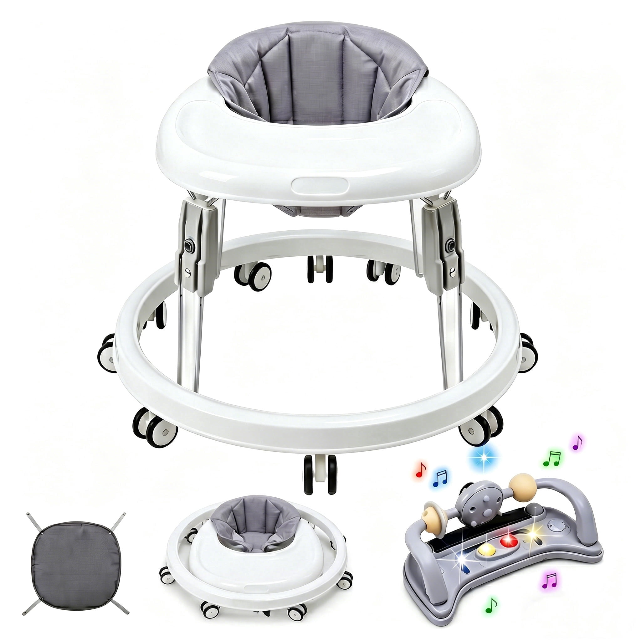 PRVAETU Foldable Baby Walker Activity Center W/ Music Toy,Wheels,Height Adjustable & Foot Pad for 6-18 Months Babies Infant Boys Girls,Grey