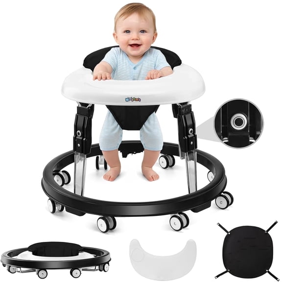 PRVAETU Foldable Baby Walker with Wheels,Height Adjustable,Large Dining Tray,Dust-Resistant Foot Pad,for 6-18 Months Infant,Black