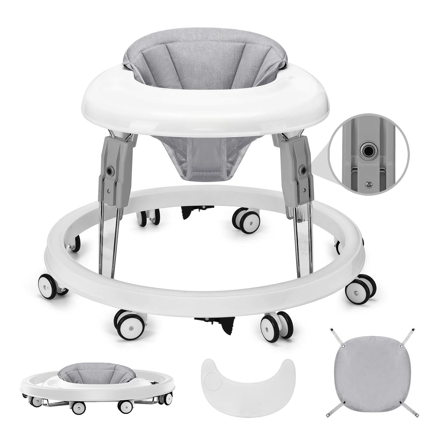 PRVAETU Foldable Baby Walker with Wheels,Height Adjustable,Large Dining Tray,Dust-Resistant Foot Pad,for 6-18 Months Infant,Grey